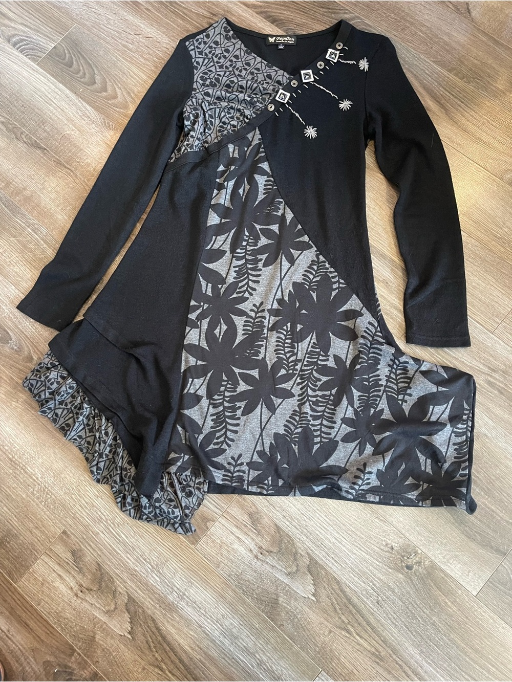 Papillon M Black Grey Asymmetrical Patchwork Tunic Dress